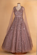 Dusty Rose Embroidered Net Evening Gown with Cape Sleeves
