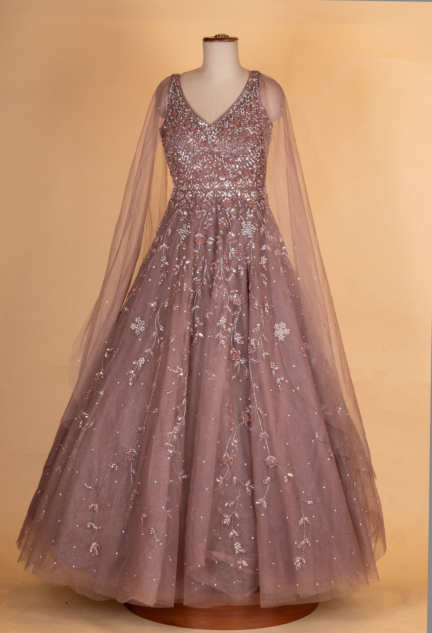 Dusty Rose Embroidered Net Evening Gown with Cape Sleeves