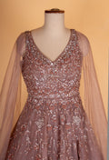 Dusty Rose Embroidered Net Evening Gown with Cape Sleeves