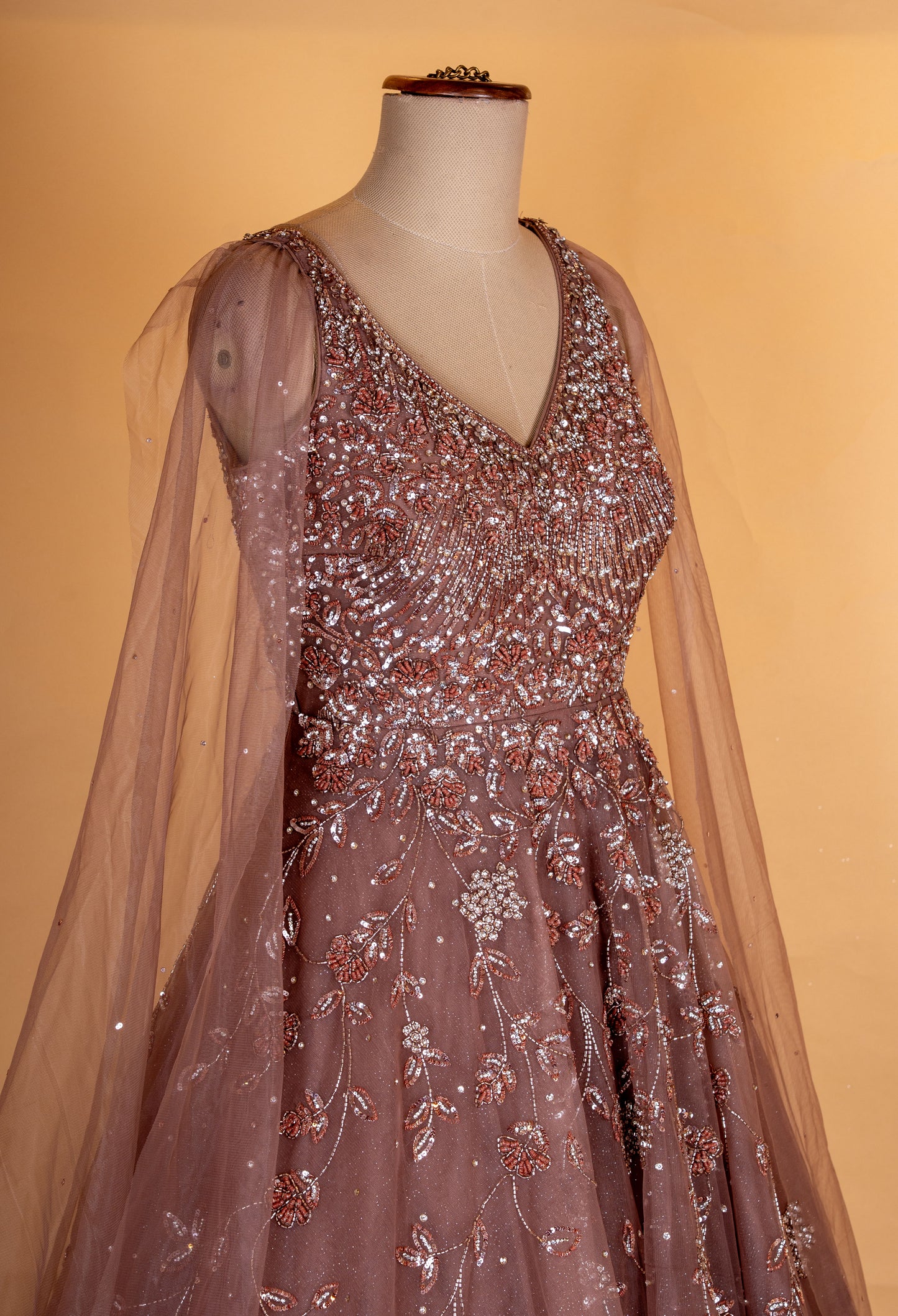 Dusty Rose Embroidered Net Evening Gown with Cape Sleeves