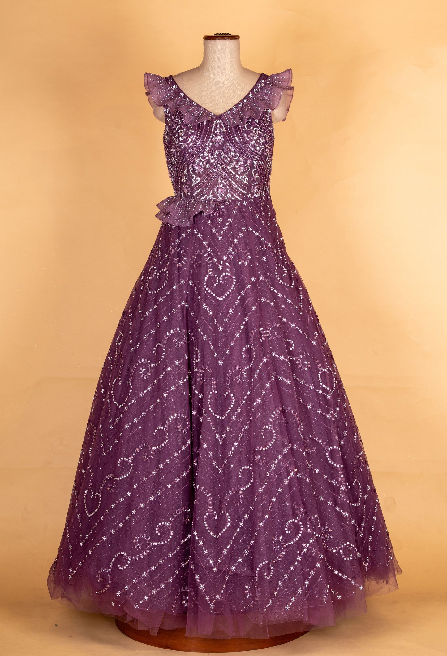 Elegant Purple Sequin Embellished Flared Party Gown for Women