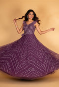 Elegant Purple Sequin Embellished Flared Party Gown for Women