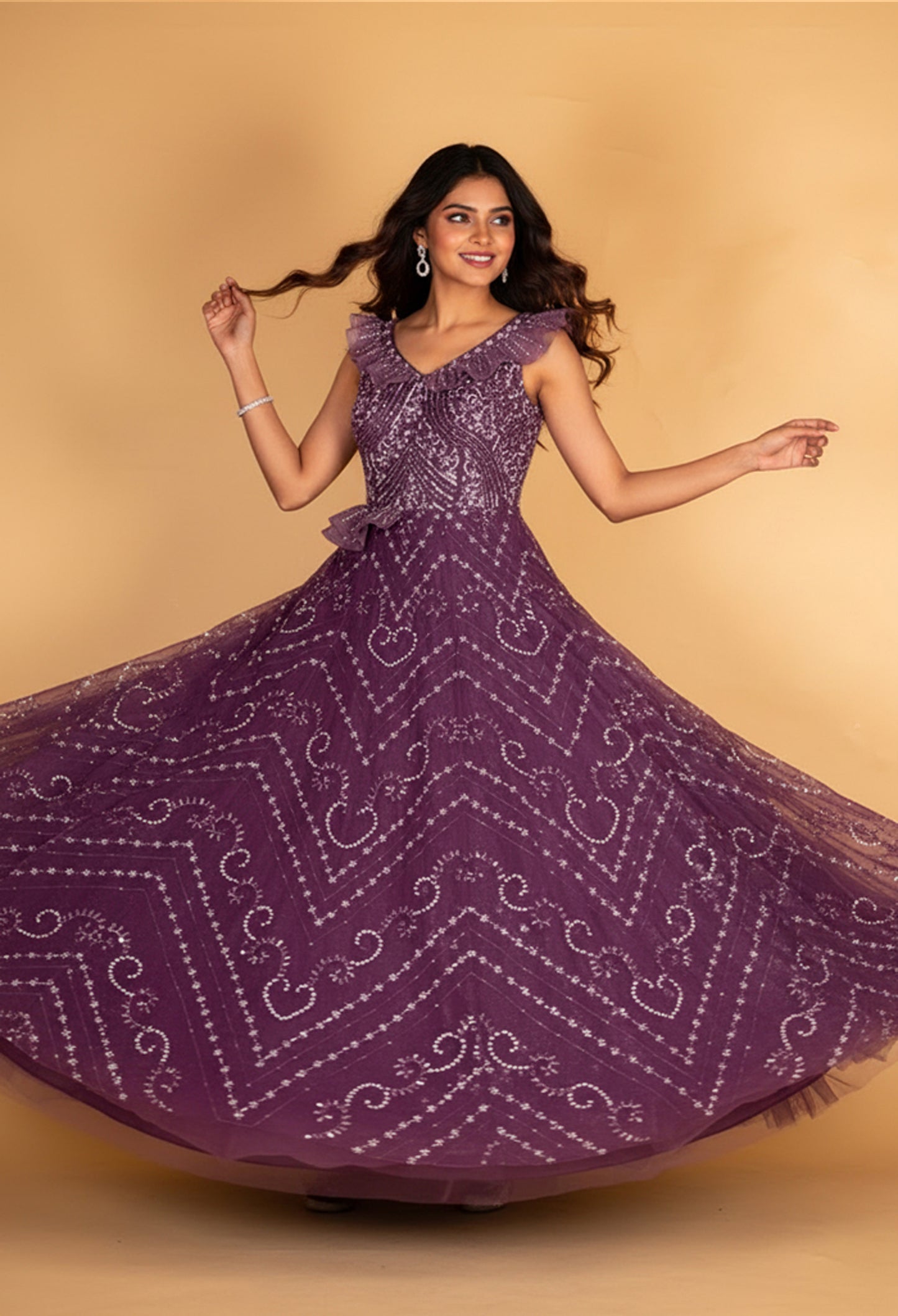 Elegant Purple Sequin Embellished Flared Party Gown for Women