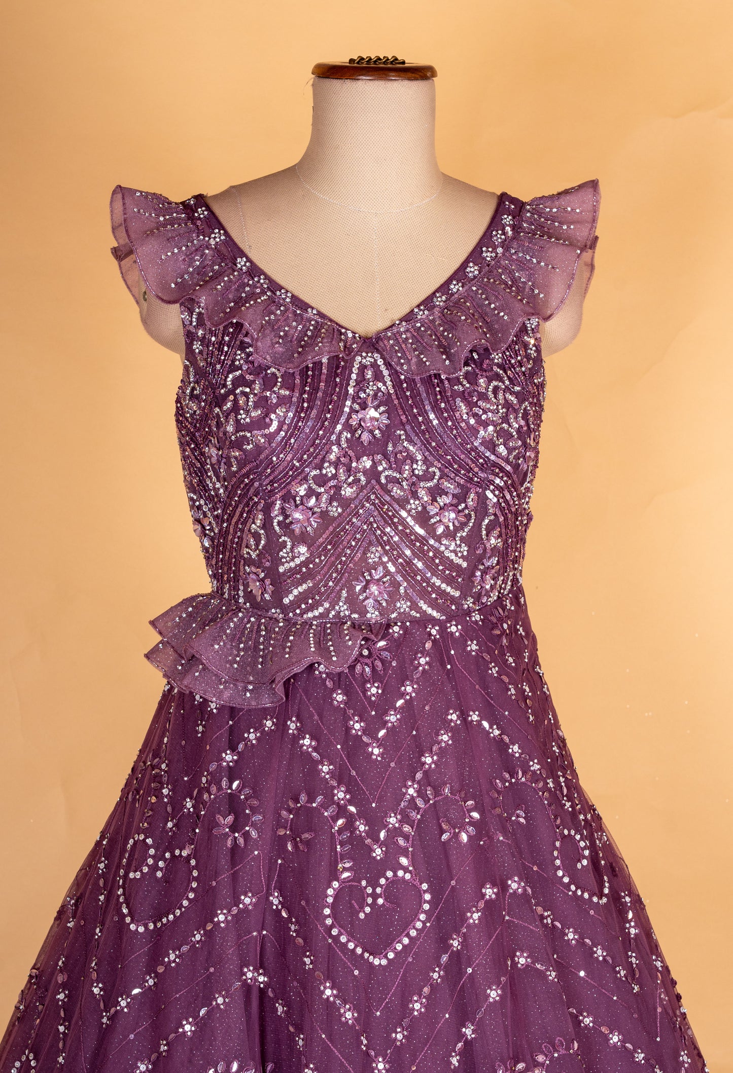 Elegant Purple Sequin Embellished Flared Party Gown for Women