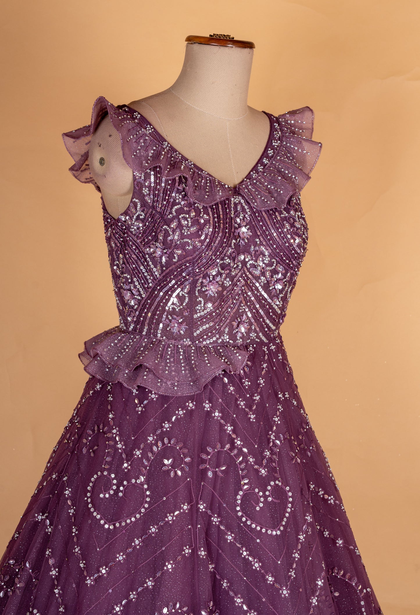 Elegant Purple Sequin Embellished Flared Party Gown for Women