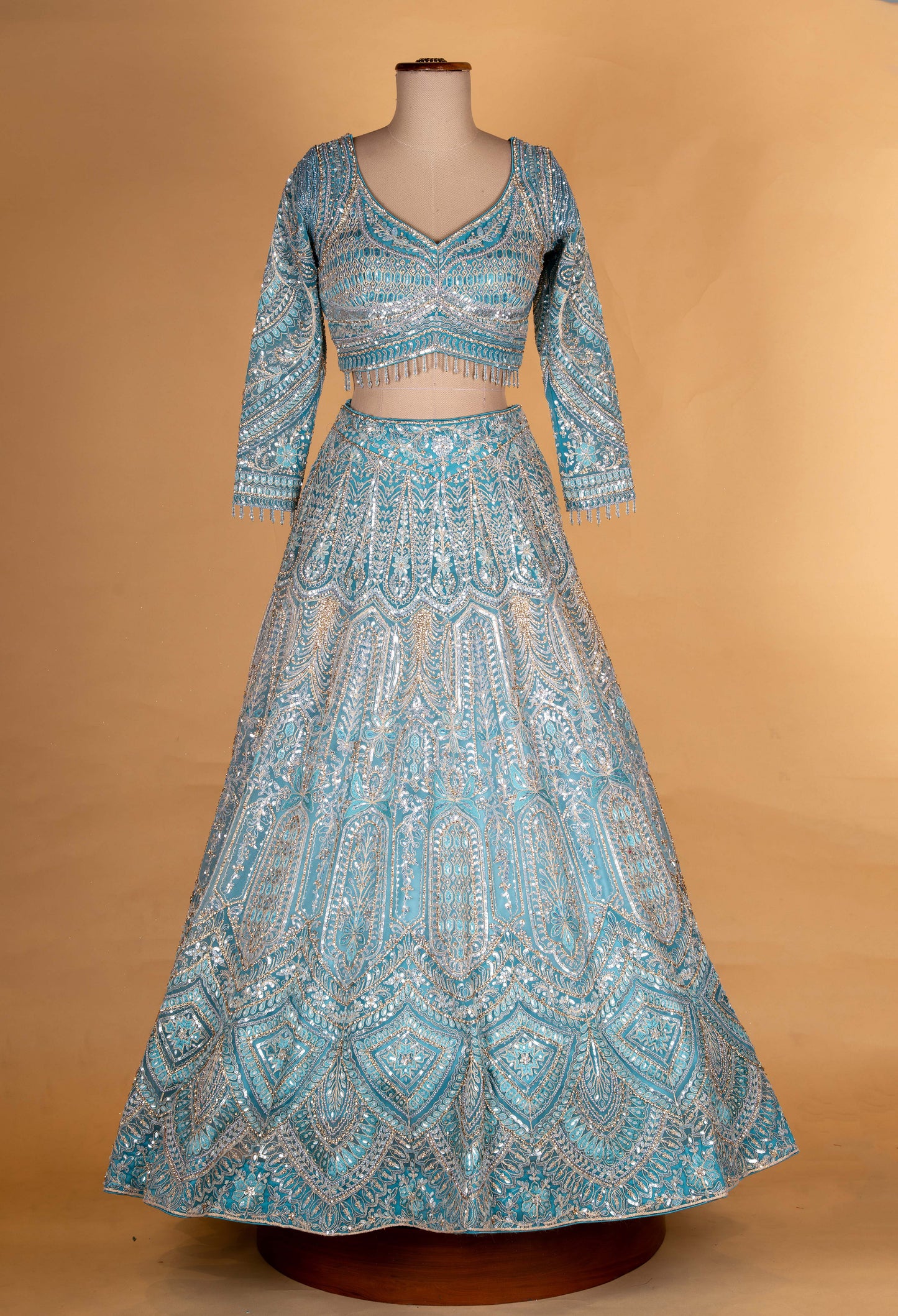 Designer Aqua Blue Heavy Embroidered Bridal Lehenga Choli with Dupatta