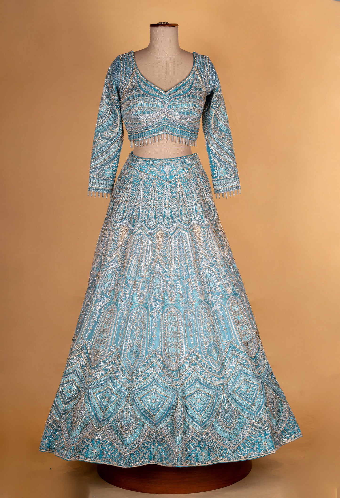 Designer Aqua Blue Heavy Embroidered Bridal Lehenga Choli with Dupatta