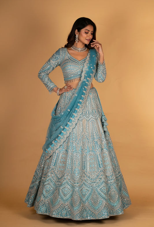 Designer Aqua Blue Heavy Embroidered Bridal Lehenga Choli with Dupatta