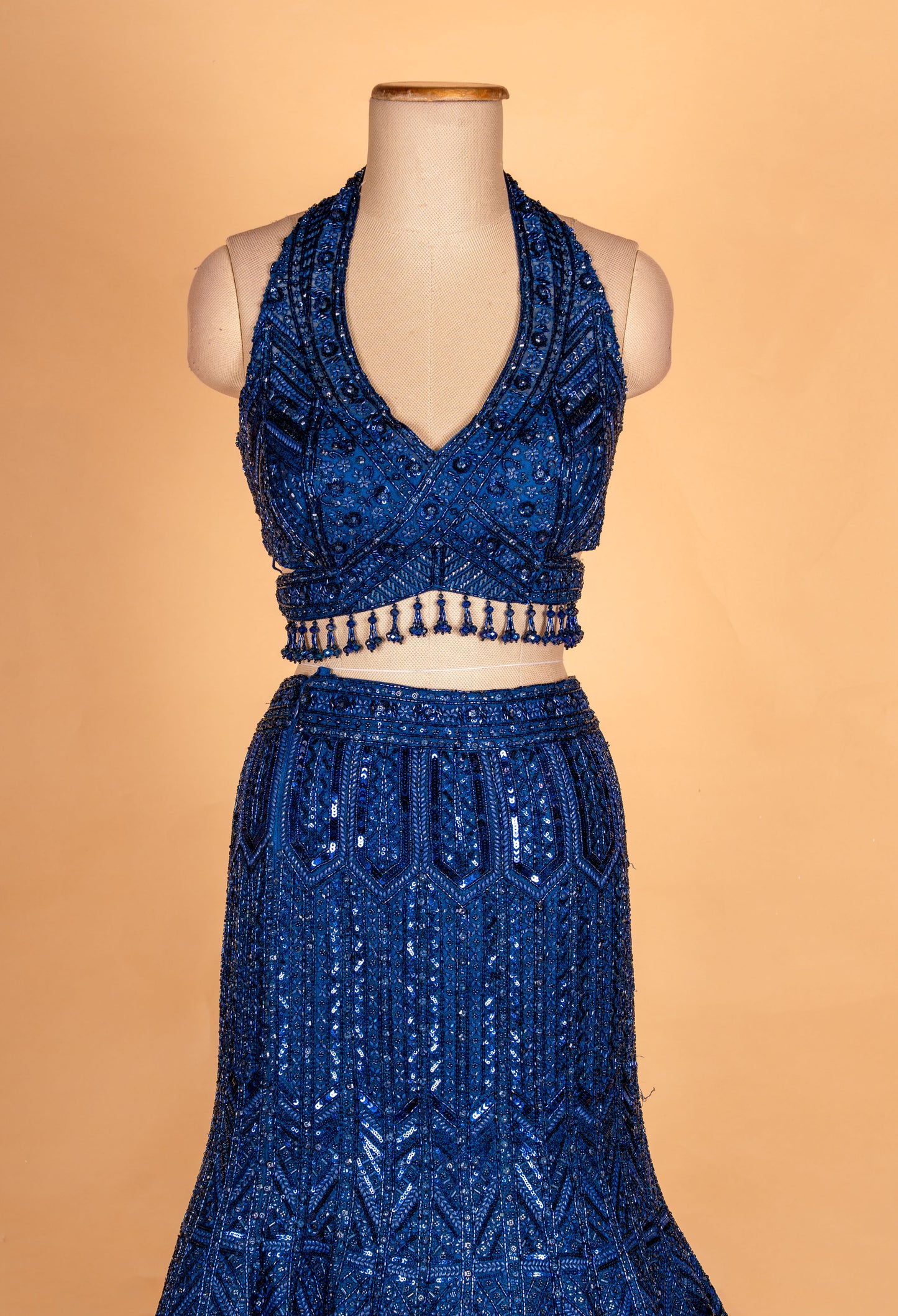 Royal Blue Sequin Mermaid Lehenga with Embellished Blouse & Net Dupatta