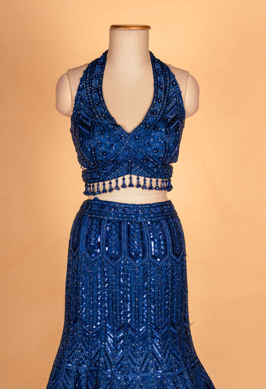 Royal blue sequin mermaid lehenga with embellished blouse and net dupatta – product image 2