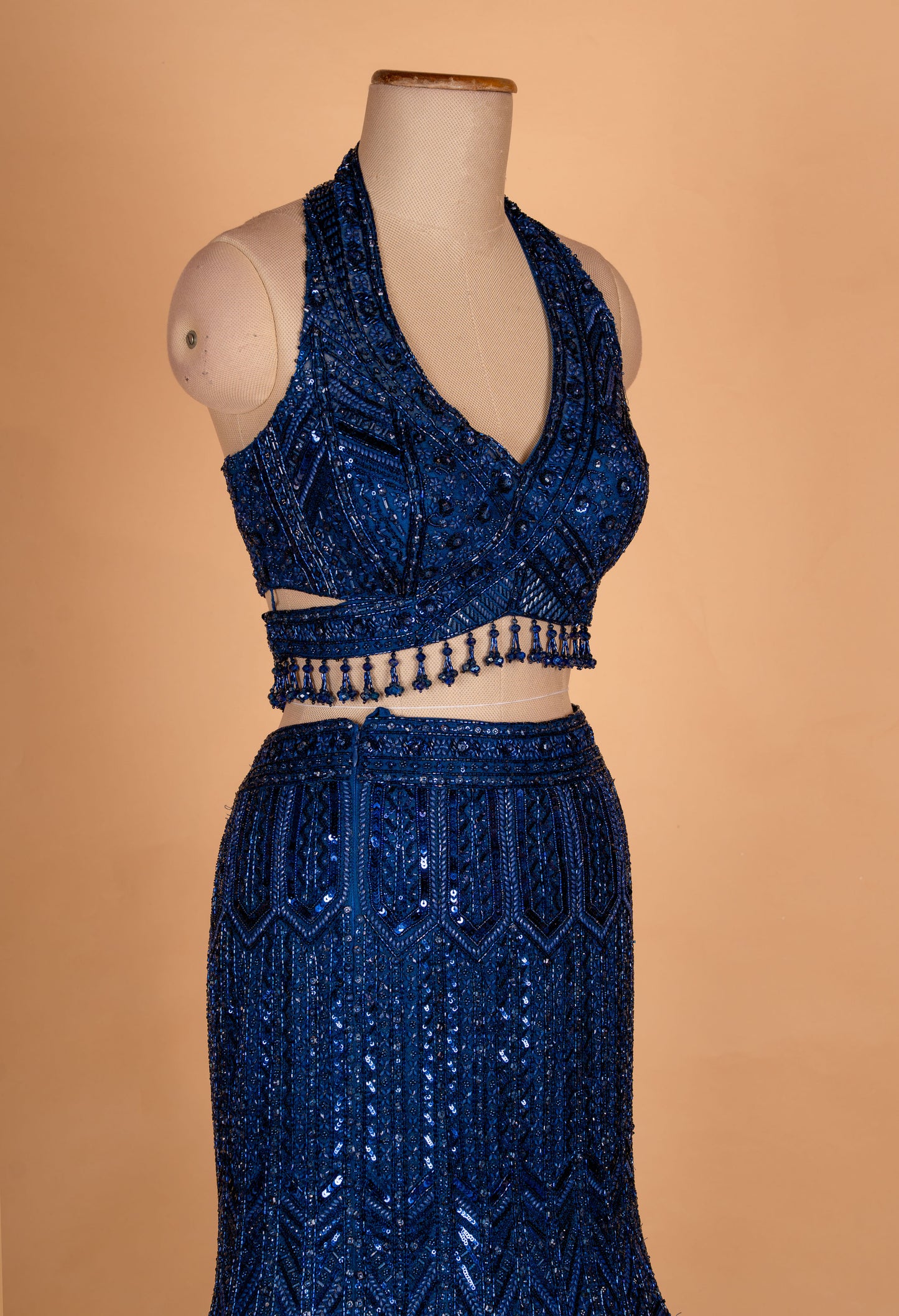 Royal Blue Sequin Mermaid Lehenga with Embellished Blouse & Net Dupatta