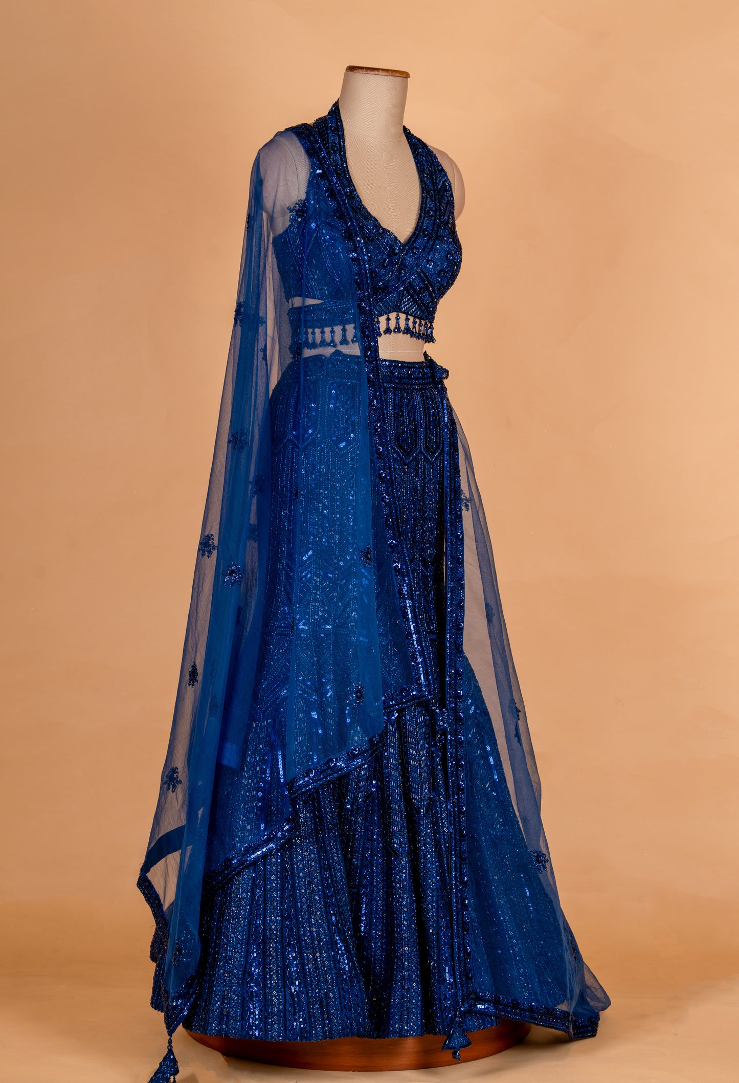 Royal Blue Sequin Mermaid Lehenga with Embellished Blouse & Net Dupatta