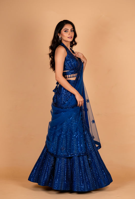 Royal Blue Sequin Mermaid Lehenga with Embellished Blouse & Net Dupatta