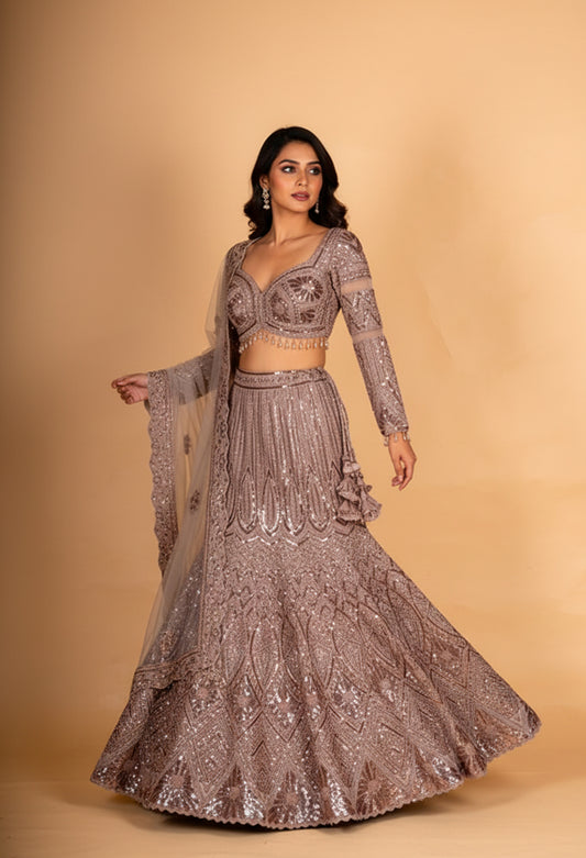 Dusty Rose Sequin Embroidered Lehenga Set with Full-Sleeve Blouse & Net Dupatta