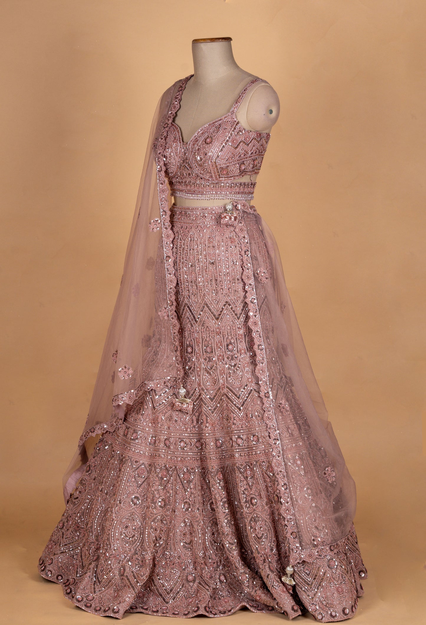Dusty Rose Heavy Embroidered Bridal Lehenga with Net Dupatta