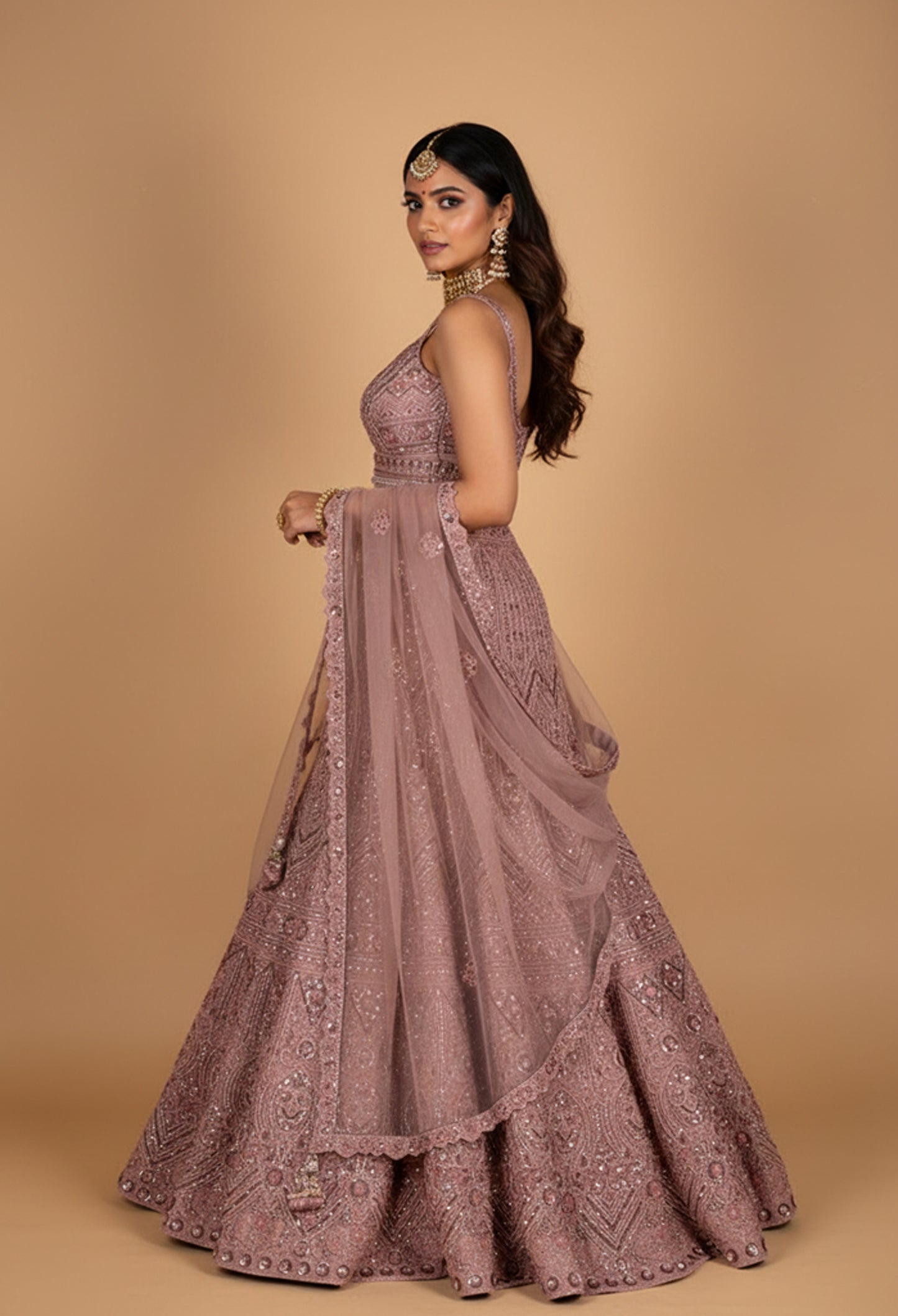 Dusty Rose Heavy Embroidered Bridal Lehenga with Net Dupatta