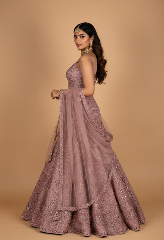 Dusty Rose Heavy Embroidered Bridal Lehenga with Net Dupatta