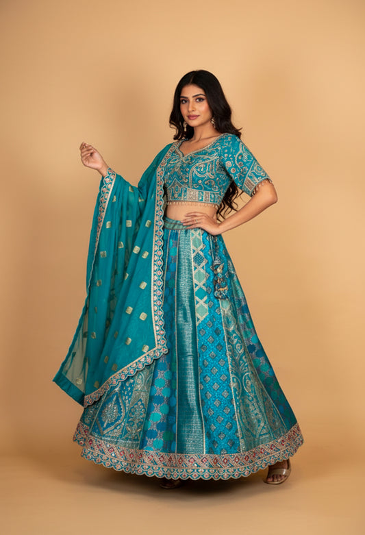 Teal Green Traditional Embroidered Lehenga Choli with Dupatta