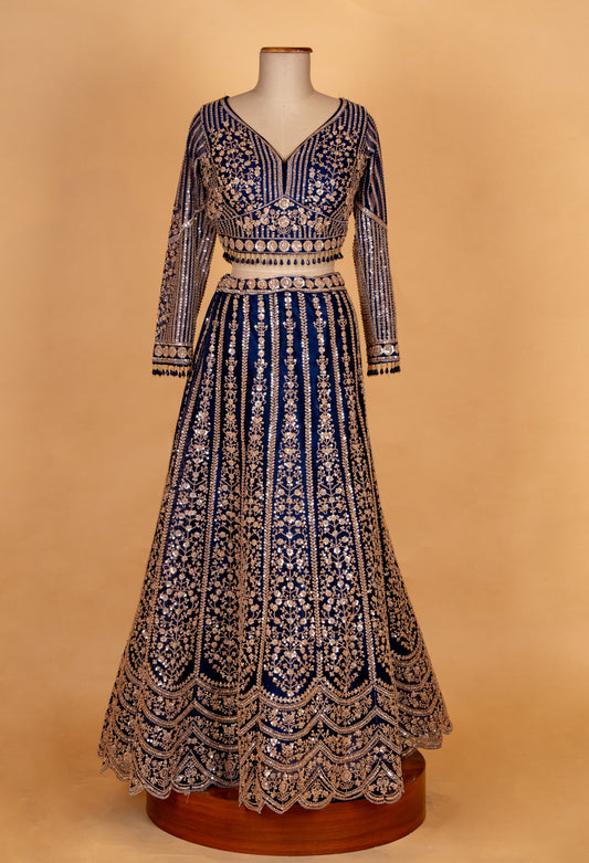 Royal navy blue heavy embroidered lehenga choli with net dupatta – product image 2