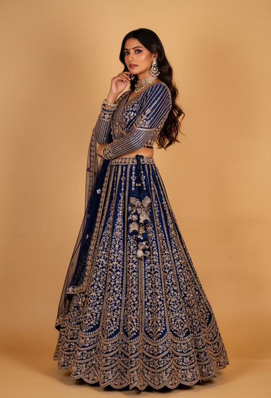 Royal Navy Blue Heavy Embroidered Lehenga Choli with Net Dupatta