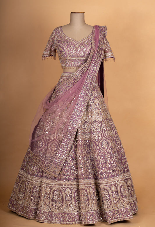 Mauve and gold heavy embroidered bridal lehenga with dupatta – product image 2