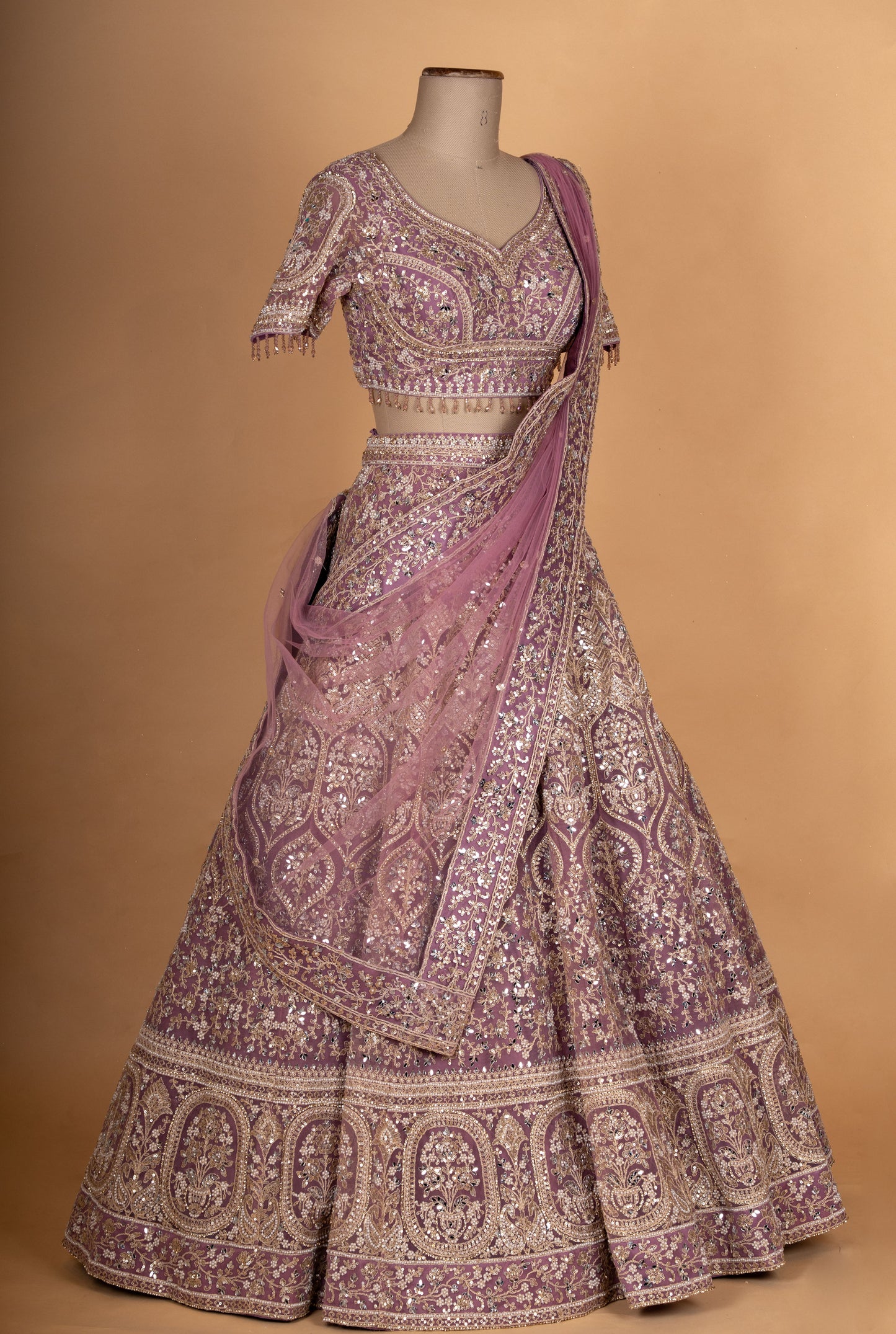 Mauve & Gold Heavy Embroidered Bridal Lehenga with Dupatta
