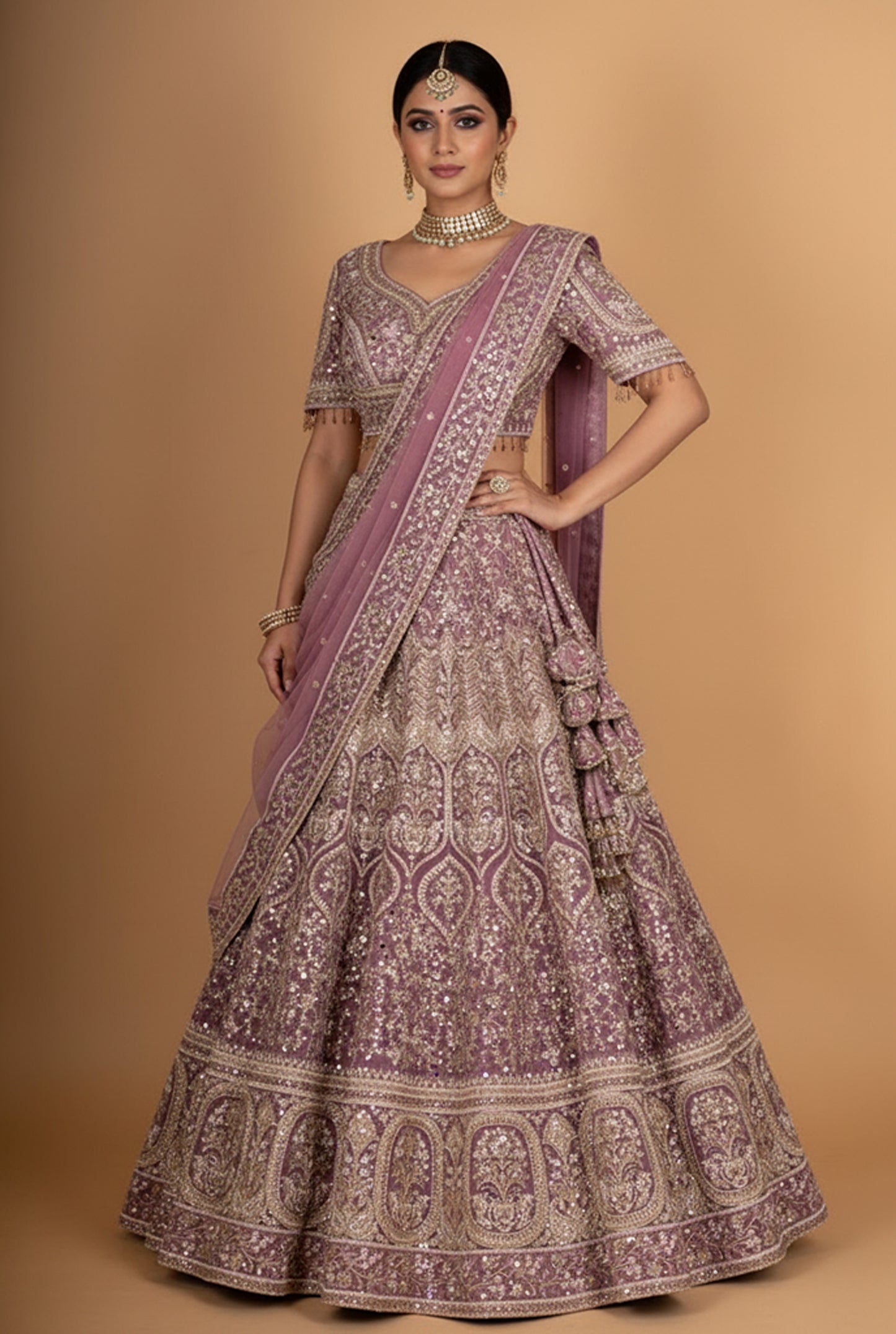 Mauve & Gold Heavy Embroidered Bridal Lehenga with Dupatta