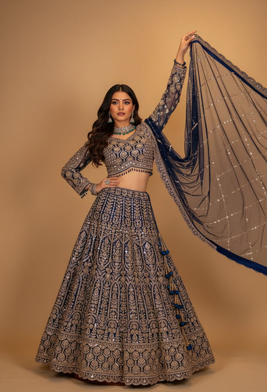 Midnight Blue Heavy Embroidered Lehenga Choli with Net Dupatta