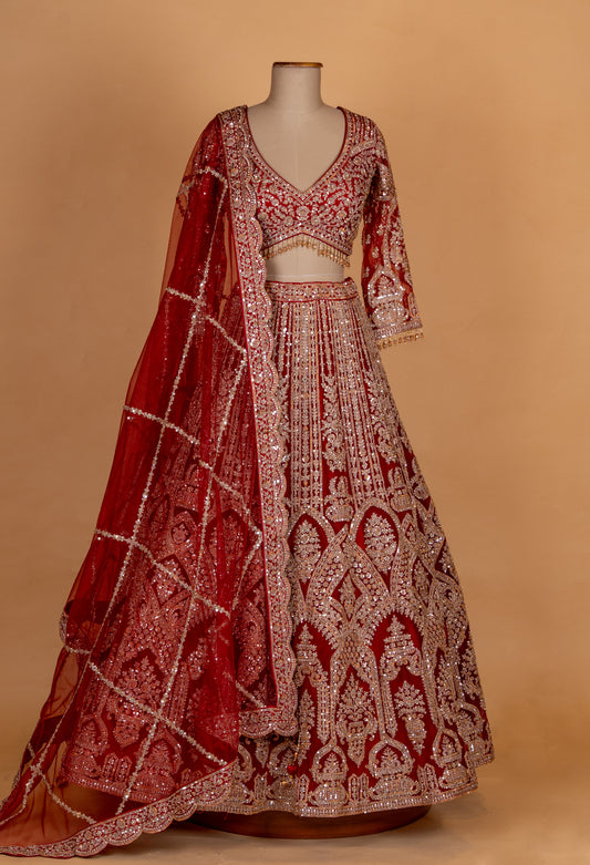 Classic red heavy embroidered bridal lehenga with net dupatta – product image 2