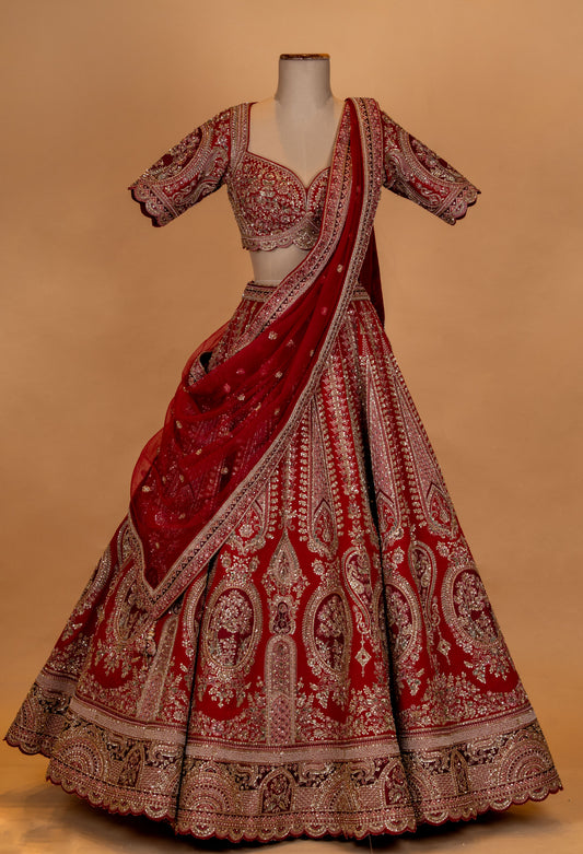 Bridal red heavy embroidered lehenga choli with net dupatta – product image 2