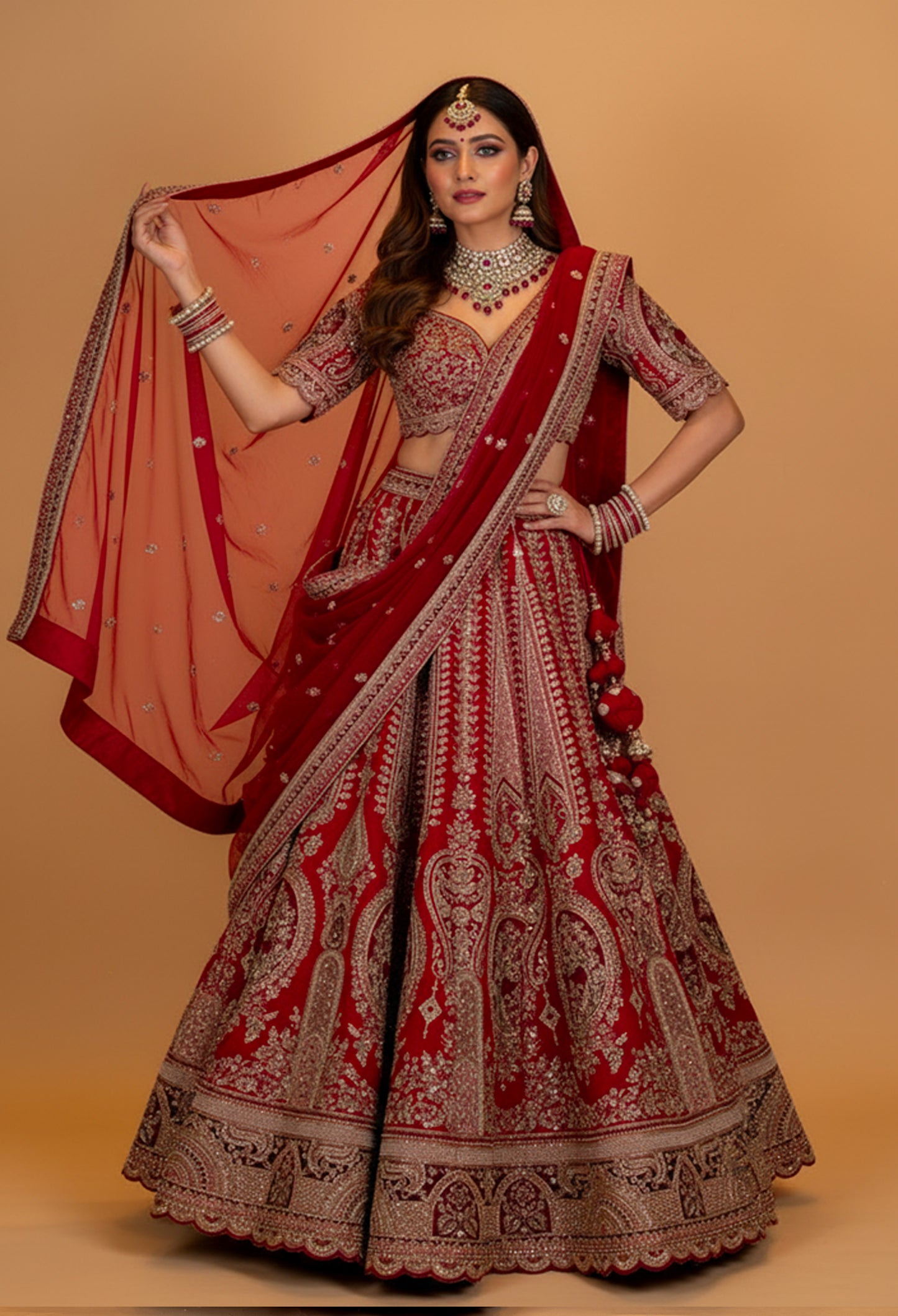 Bridal Red Heavy Embroidered Lehenga Choli with Net Dupatta