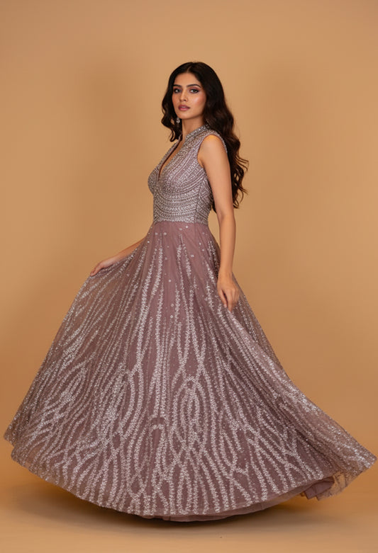 Dusty Rose Sequin Embellished Sleeveless Gown – Floor-Length Evening Wear