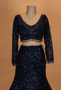 Midnight Navy Sequin Mermaid Lehenga with Dramatic Sheer Cape