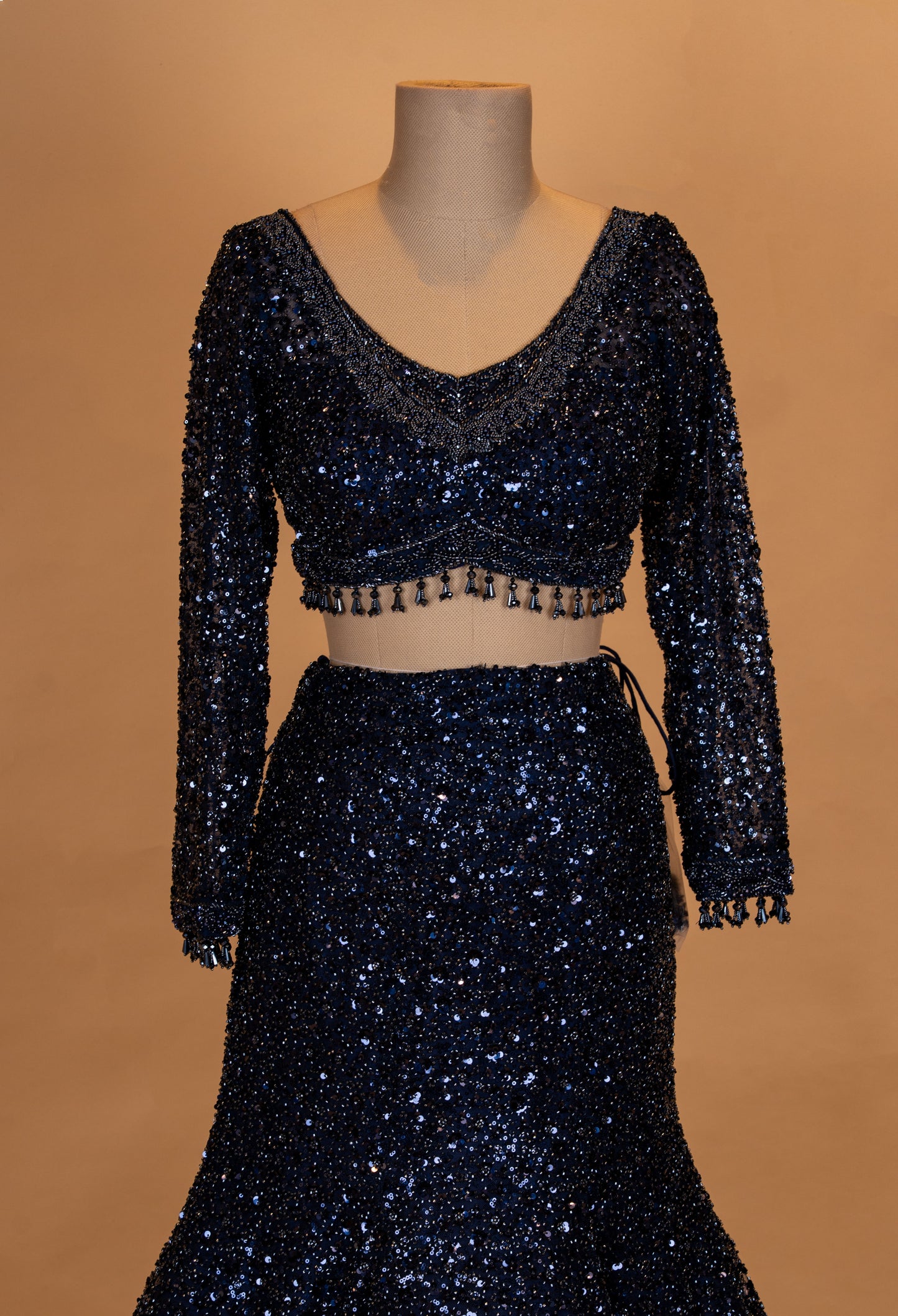 Midnight Navy Sequin Mermaid Lehenga with Dramatic Sheer Cape