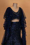 Midnight Navy Sequin Mermaid Lehenga with Dramatic Sheer Cape