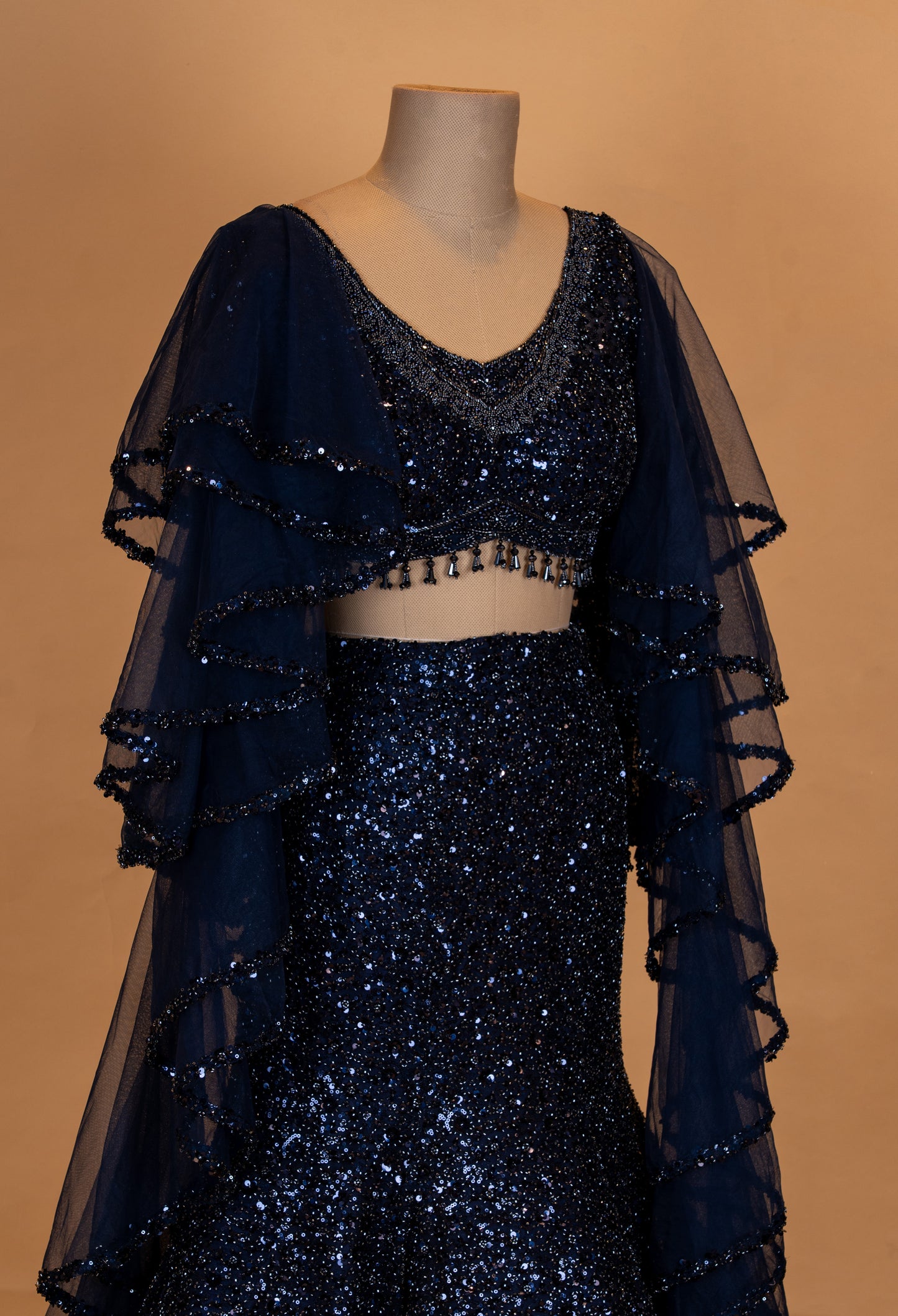 Midnight Navy Sequin Mermaid Lehenga with Dramatic Sheer Cape