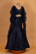 Midnight Navy Sequin Mermaid Lehenga with Dramatic Sheer Cape
