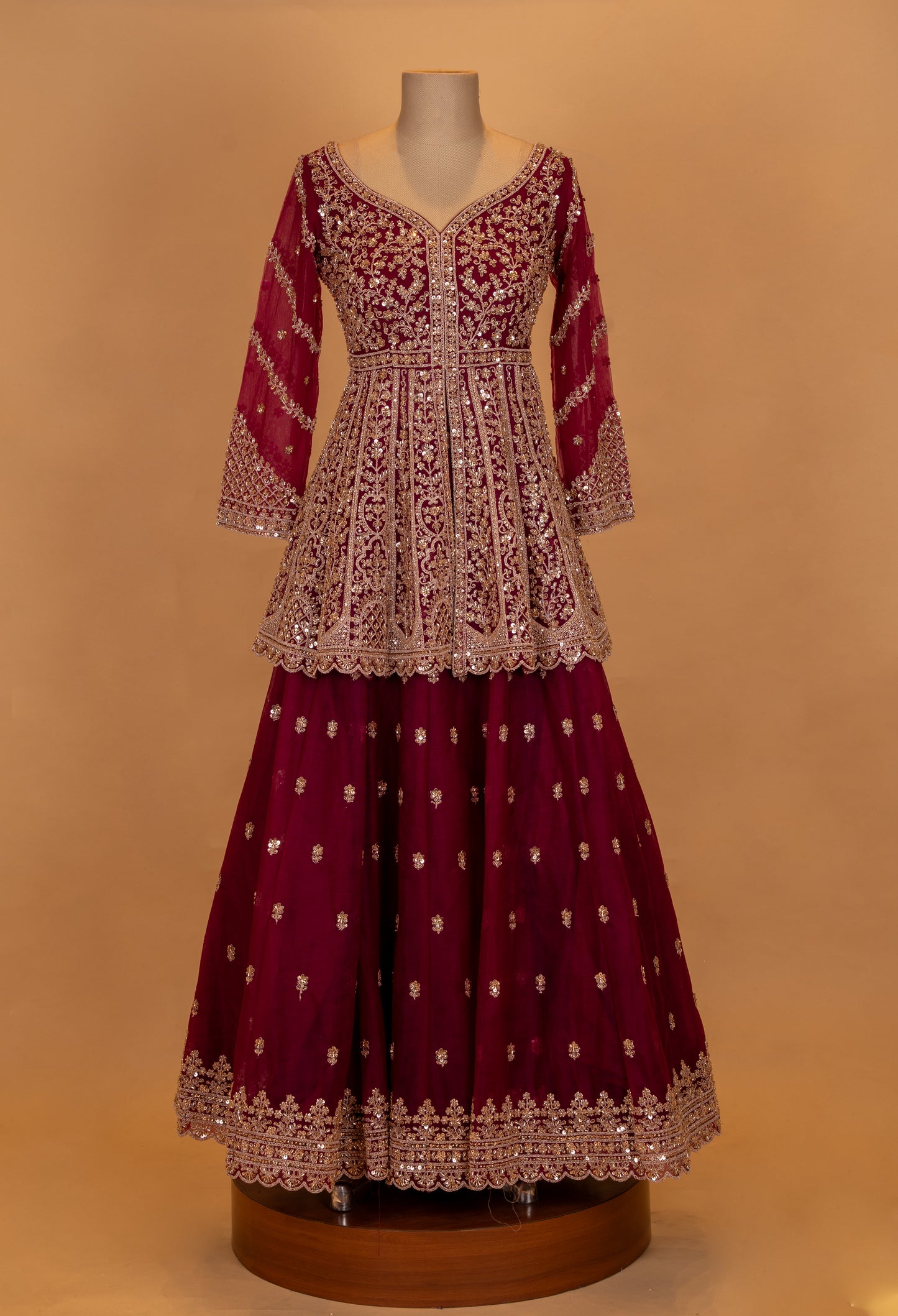 Deep Maroon Embroidered Anarkali Lehenga Set with Net Dupatta