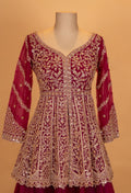 Deep Maroon Embroidered Anarkali Lehenga Set with Net Dupatta
