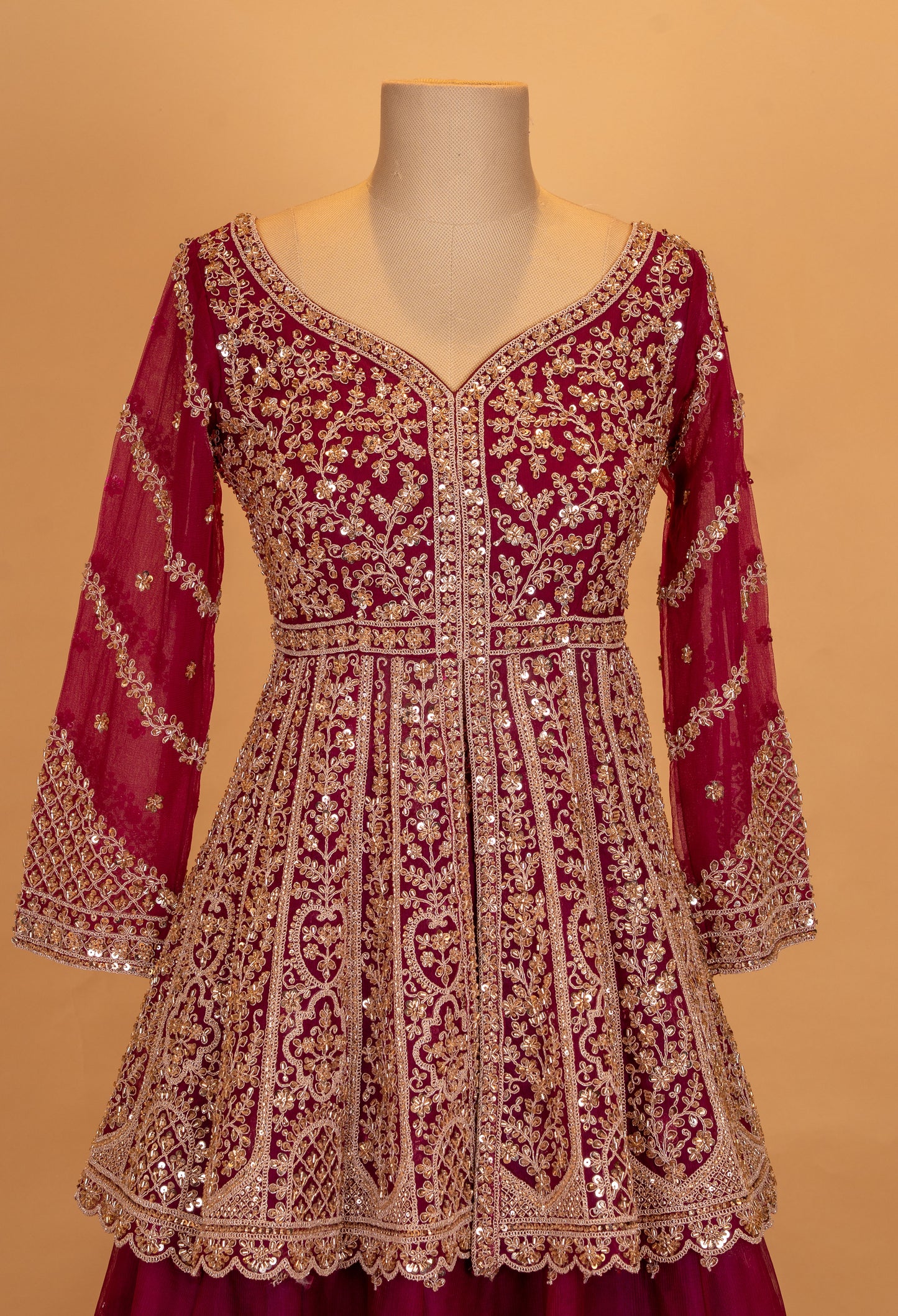 Deep Maroon Embroidered Anarkali Lehenga Set with Net Dupatta