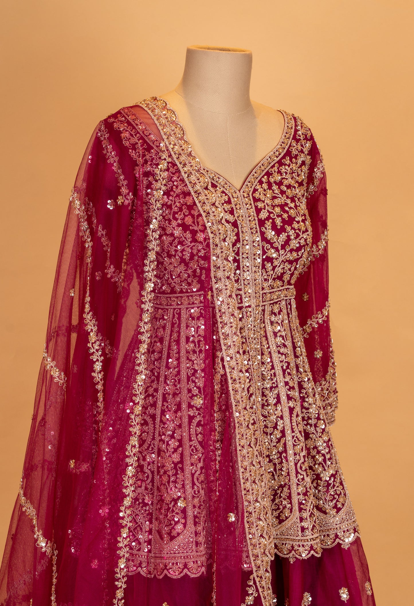 Deep Maroon Embroidered Anarkali Lehenga Set with Net Dupatta