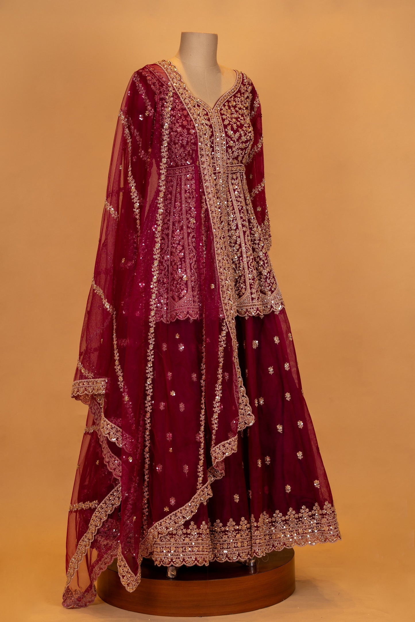 Deep Maroon Embroidered Anarkali Lehenga Set with Net Dupatta