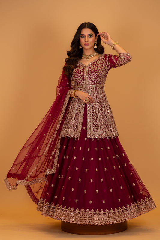 Deep Maroon Embroidered Anarkali Lehenga Set with Net Dupatta