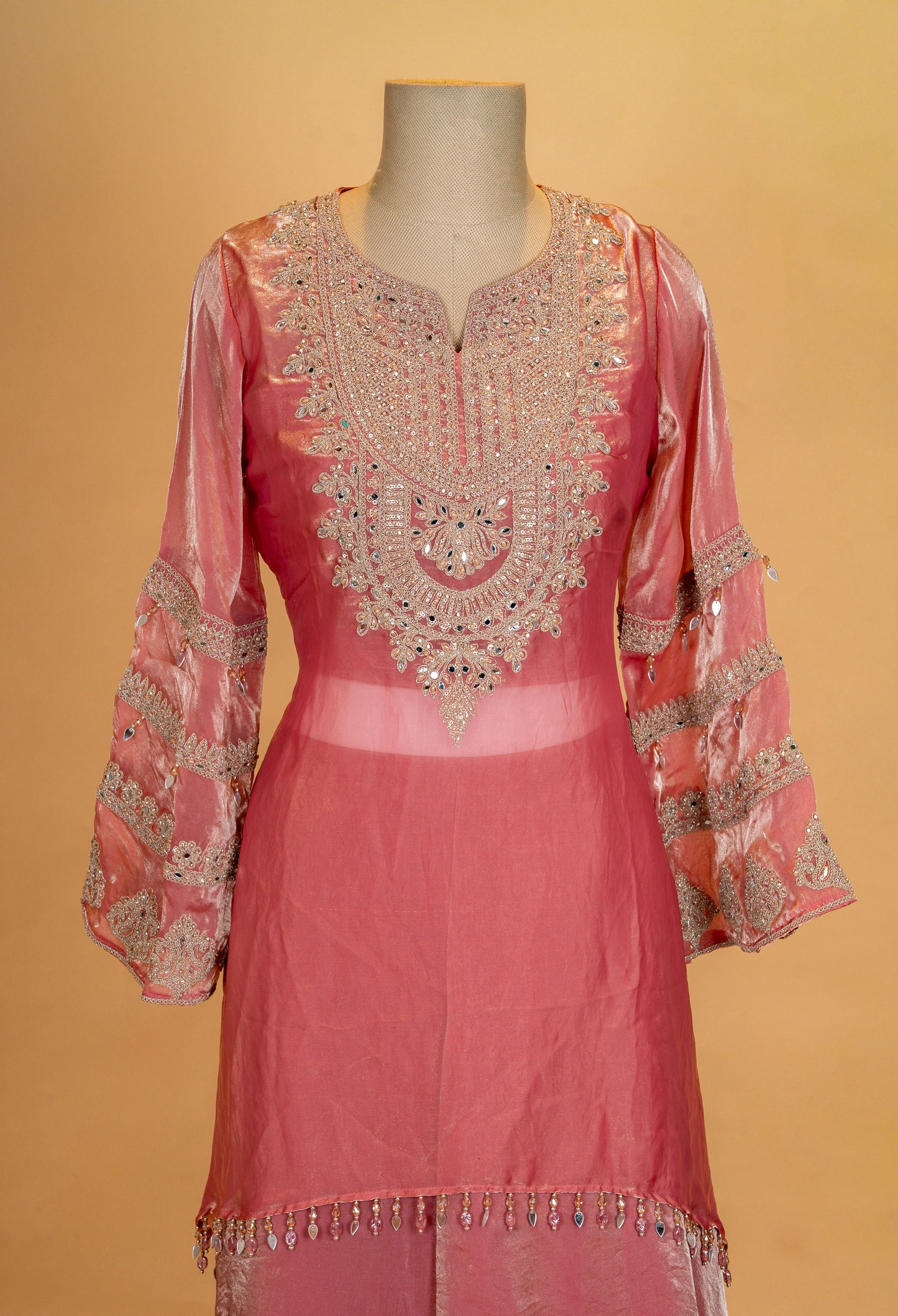 Dusty Rose Embroidered Kurta with Flared Skirt Set