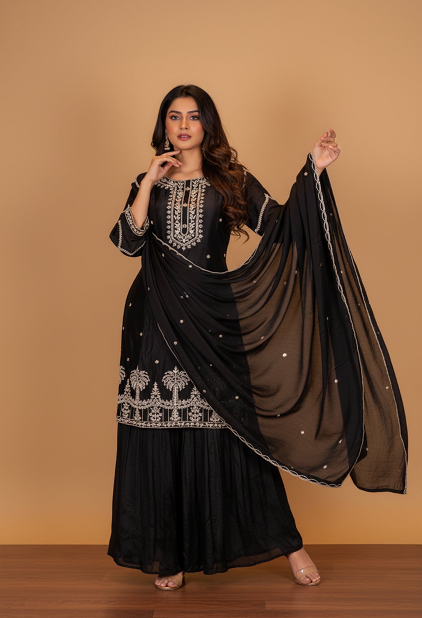 Classic Black Embroidered Kurta Sharara Set with Sheer Dupatta