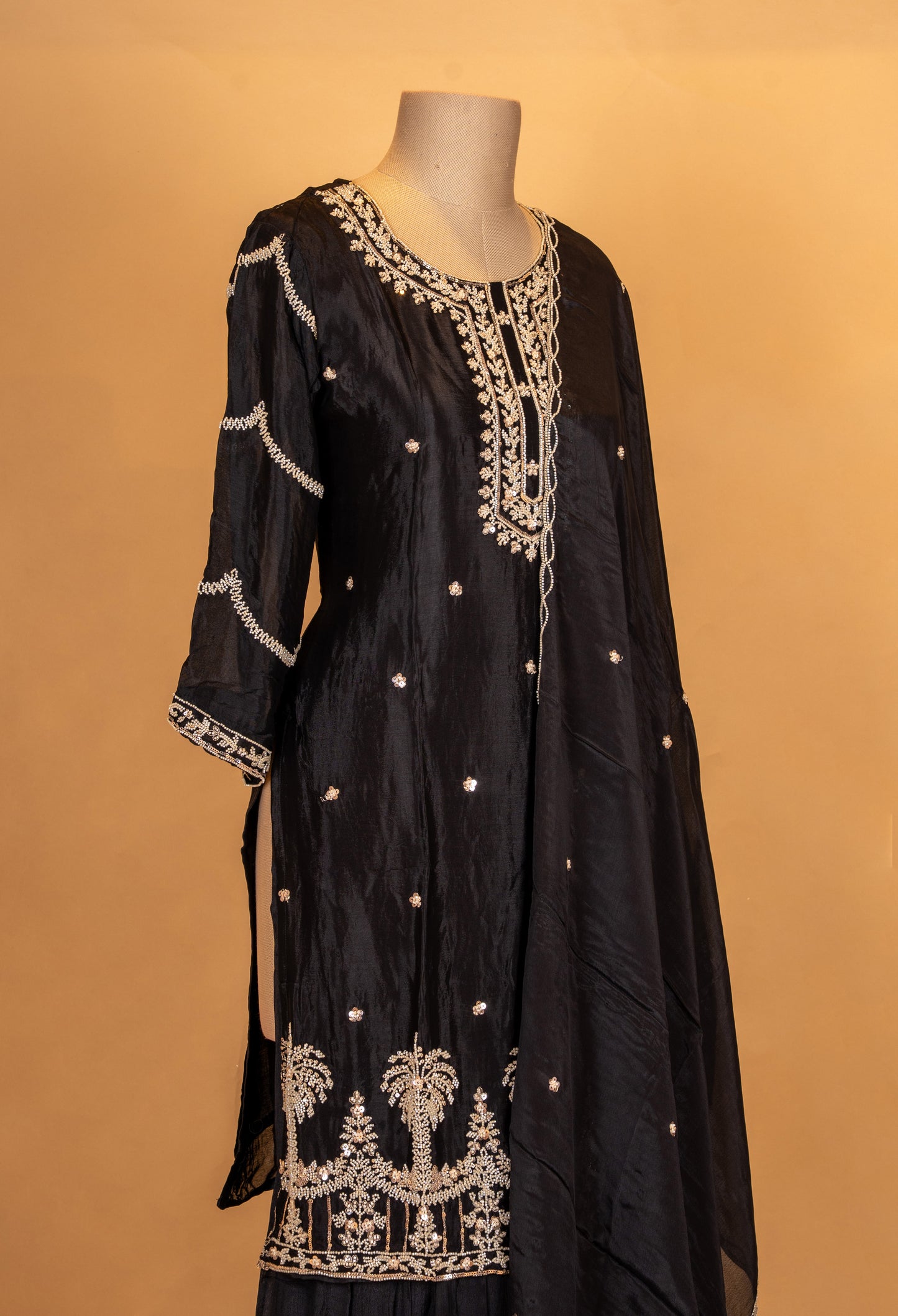 Classic Black Embroidered Kurta Sharara Set with Sheer Dupatta