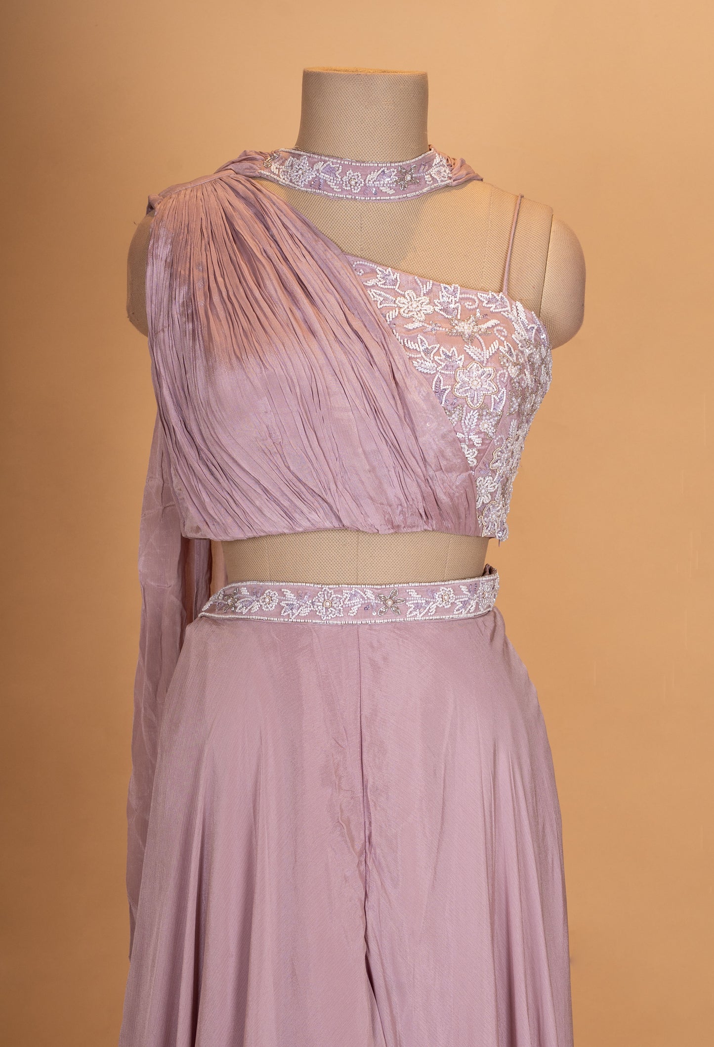 Dusty Mauve One-Shoulder Drape Gown with Embellished Waist Detail