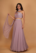 Dusty Mauve One-Shoulder Drape Gown with Embellished Waist Detail