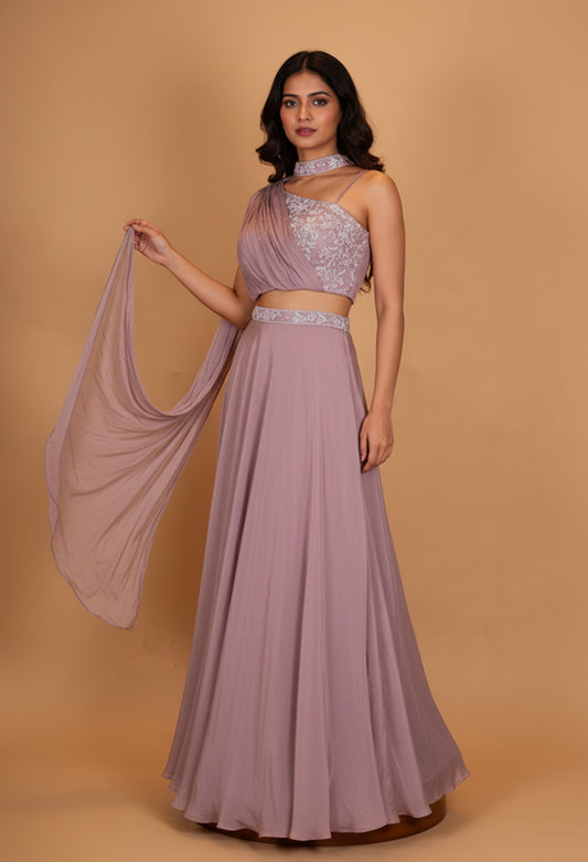 Dusty Mauve One-Shoulder Drape Gown with Embellished Waist Detail