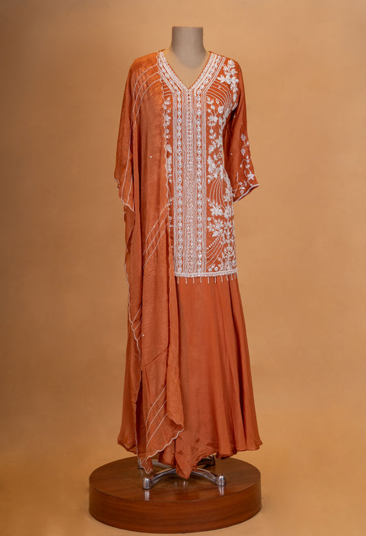 Rust orange embroidered kurta set with palazzo and flowing cape – product image 2